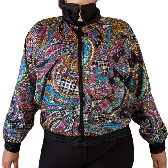 Vintage 80s Windbreaker Jacket Black Paisley  Reversible Bomber Coat Size S Tren - Picture 3 of 13